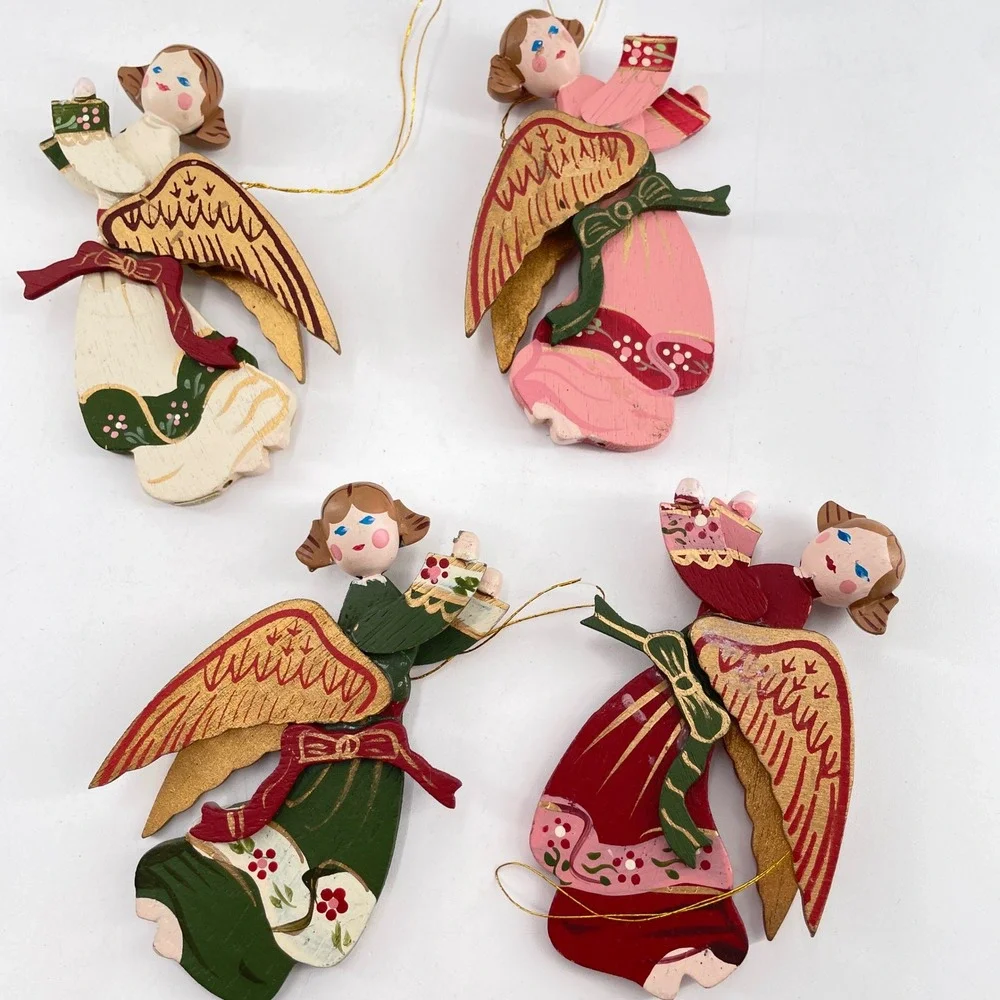 Vintage Angel Christmas Decor Set Lace Sisal Straw Figures Wooden Ornaments 6pc